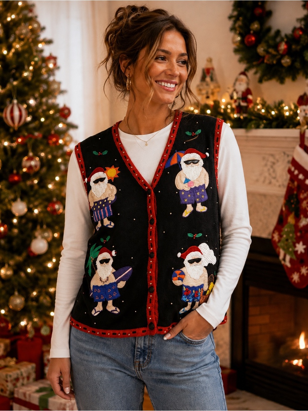 Vintage 90s Studio Joy Santa Beach Christmas Sweater Vest L Embellished
